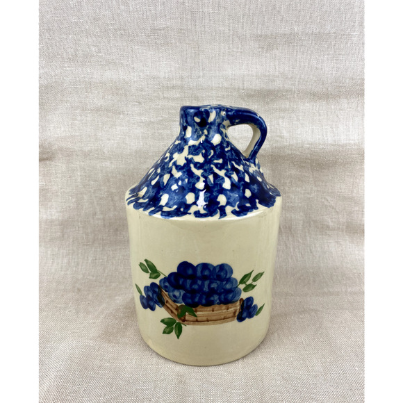 Vintage Alpine Pottery Jug Roseville Ohio Blue Spongeware Blueberries - Picture 1 of 7